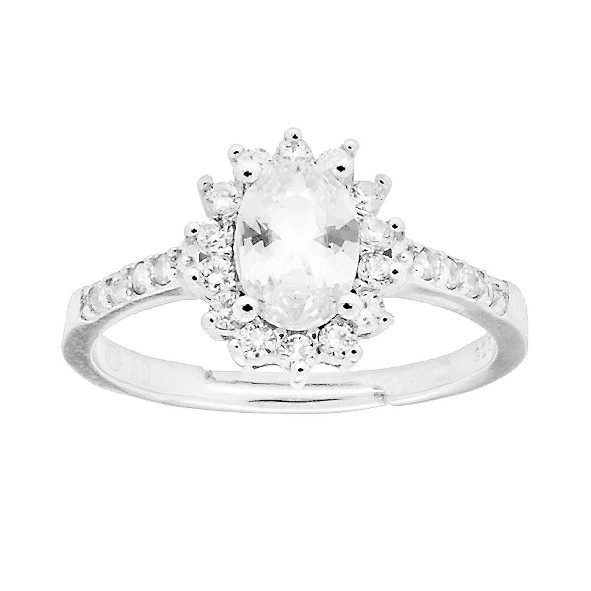 Anello Halo Solitario Ovale Bianco e Zirconi Bianchi in ARGENTO 925 Galvanica Rodio