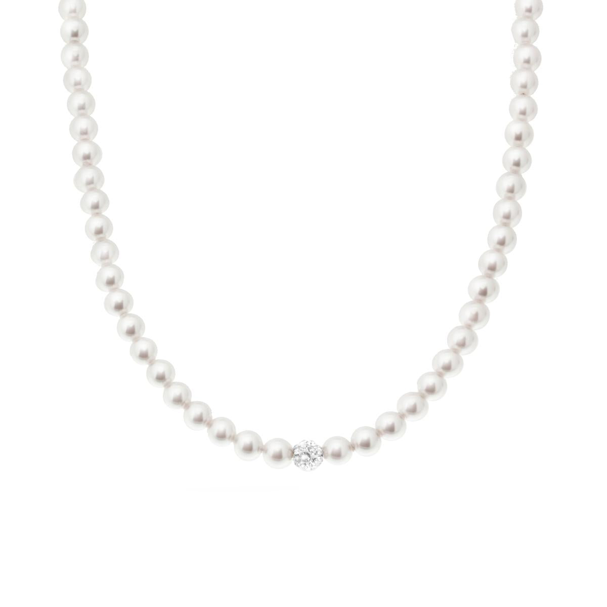 Collana Filo Perla Bianca mm 4 in vetro perlato con pallina Crystal Bianco con filo e chiusura in ARGENTO 925 Galvanica Rodio