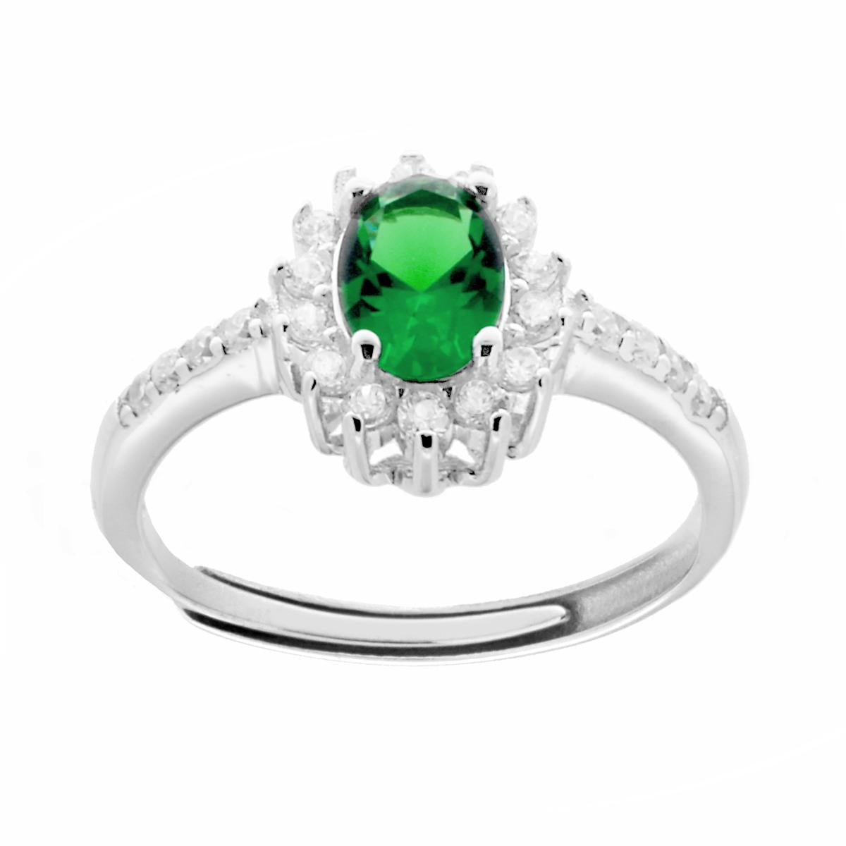 Anello Halo Solitario con Zircone Ovale colore Verde Smeraldo e Zirconi Bianchi in ARGENTO 925 Galvanica Rodio