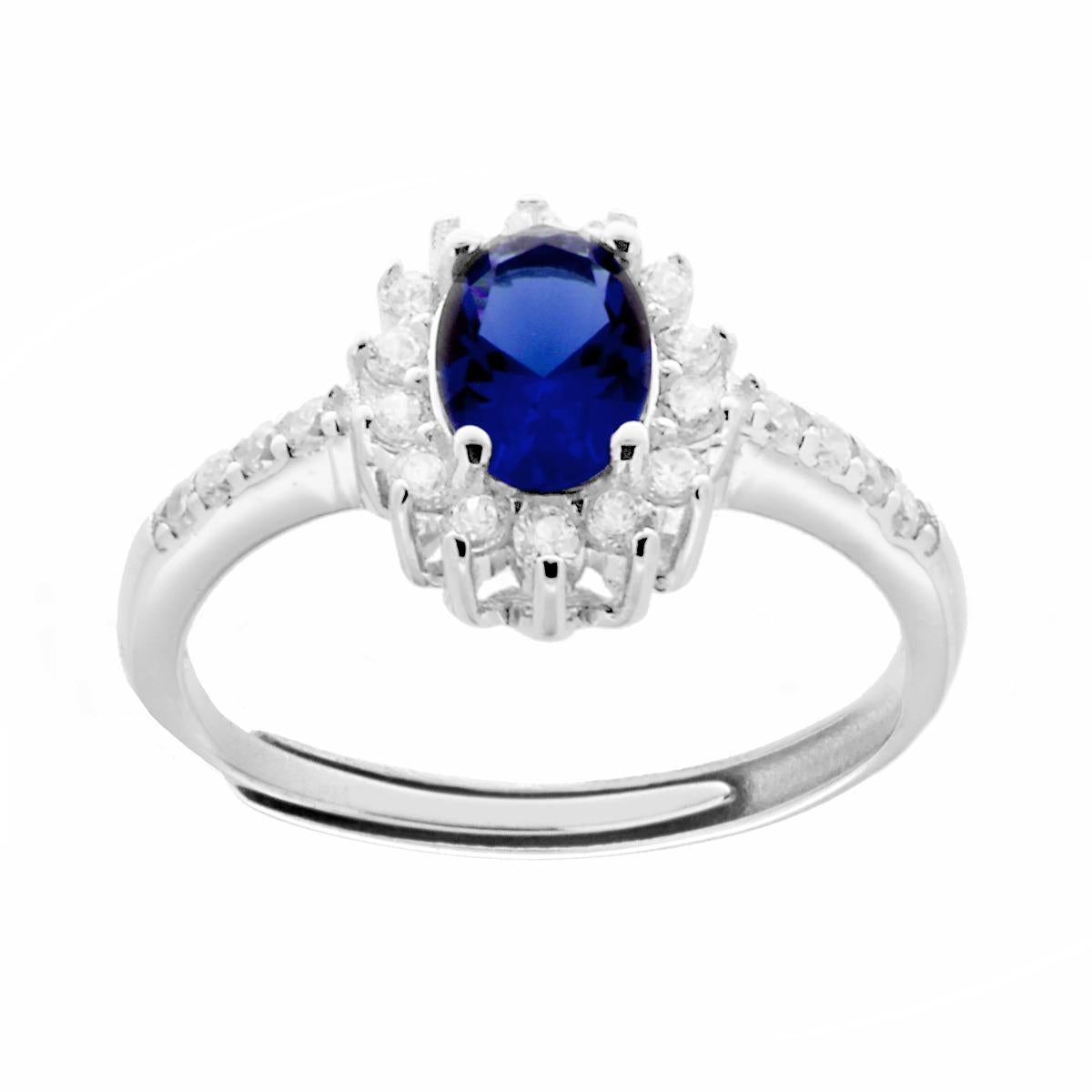 Anello Halo Solitario con Zircone Ovale colore Blu Zaffiro e Zirconi Bianchi in ARGENTO 925 Galvanica Rodio