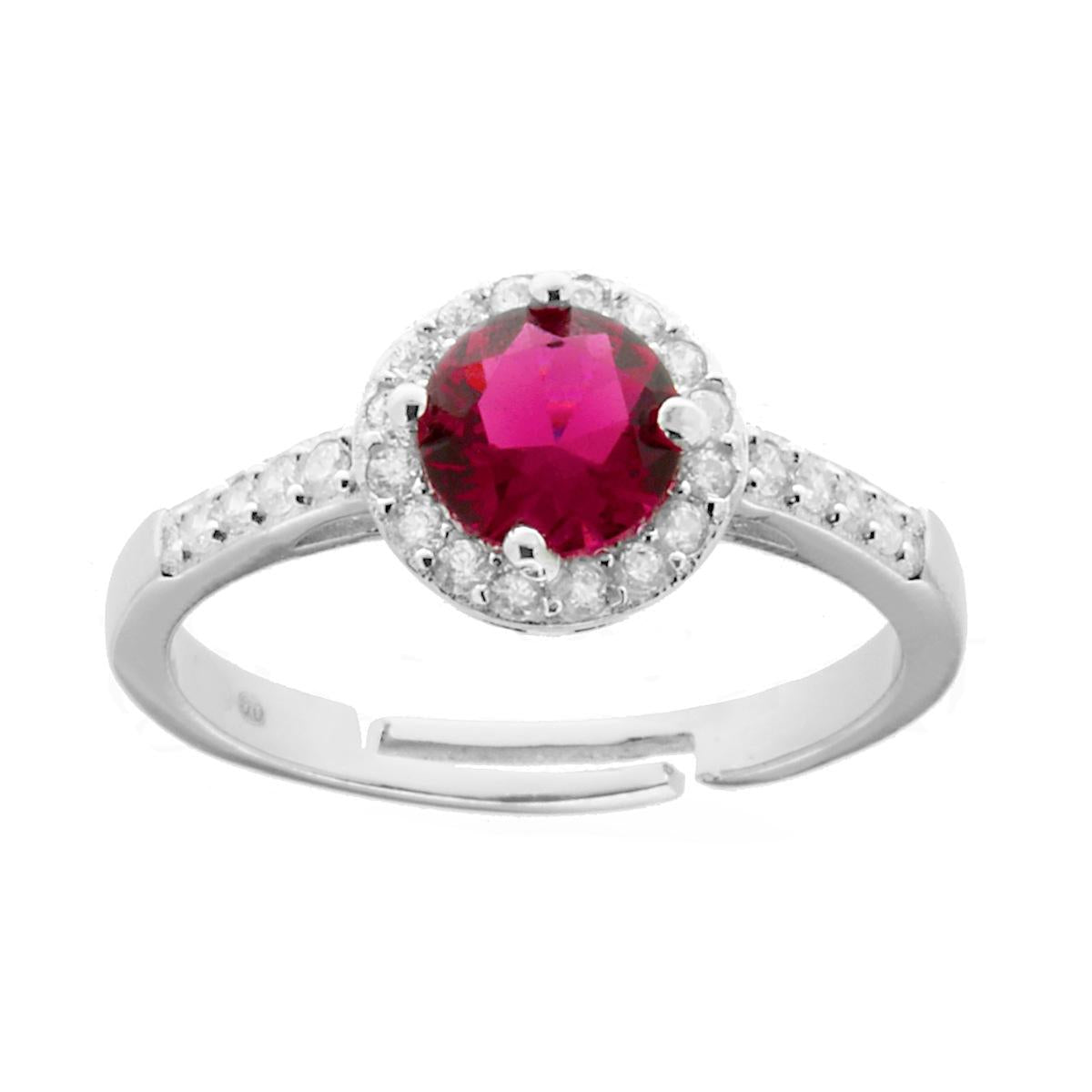 Anello Halo Solitario con Zircone Tondo Rosso Rubino contornato con Zirconi Bianchi in ARGENTO 925 Galvanica Rodio