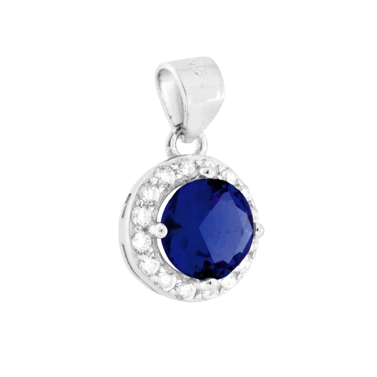 Ciondolo Tondo Blu Zaffiro con Cubic Zirconia Bianchi in ARGENTO 925 Galvanica Rodio