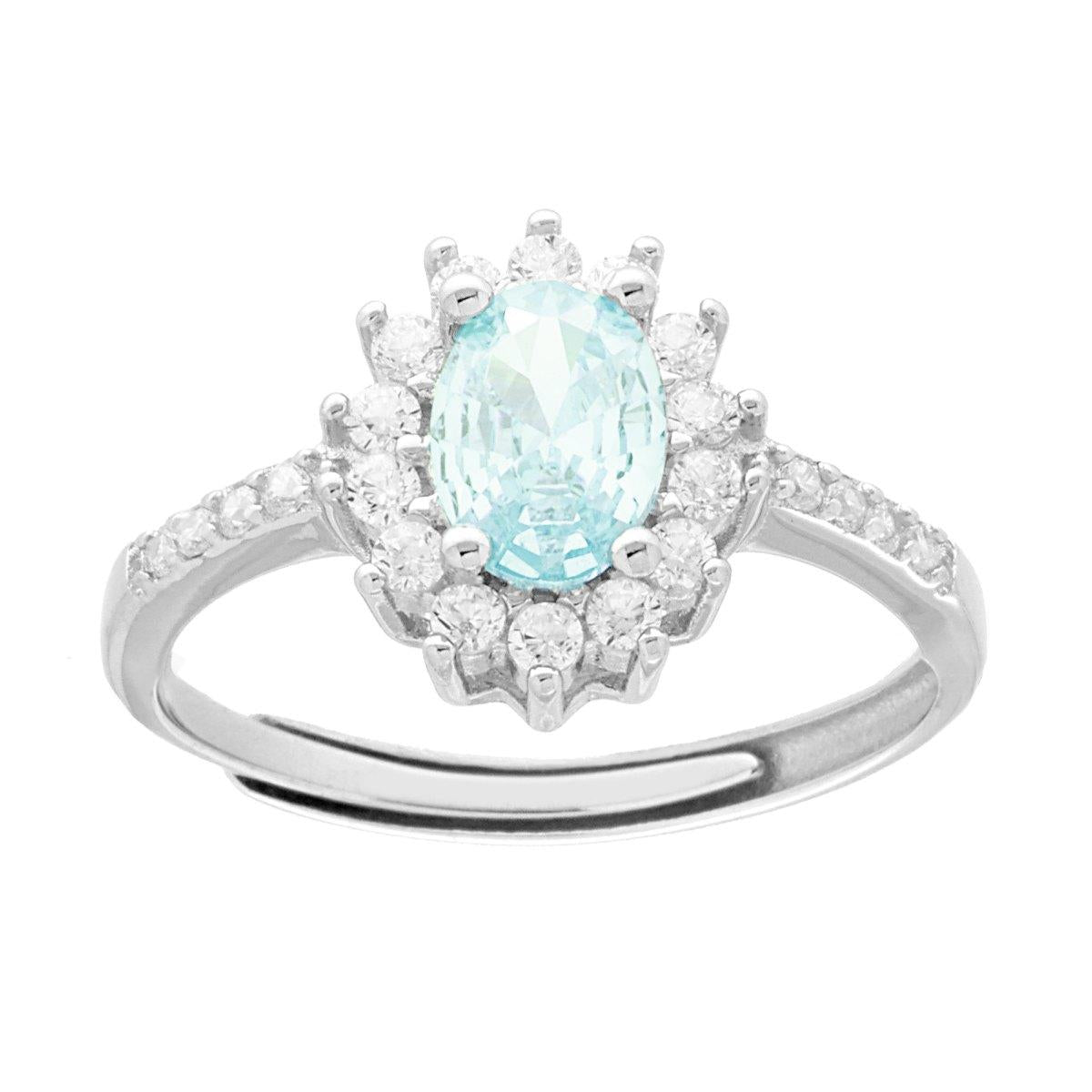 Anello Halo Solitario con Zircone Ovale colore Acquamarina e Zirconi Bianchi in ARGENTO 925 Galvanica Rodio