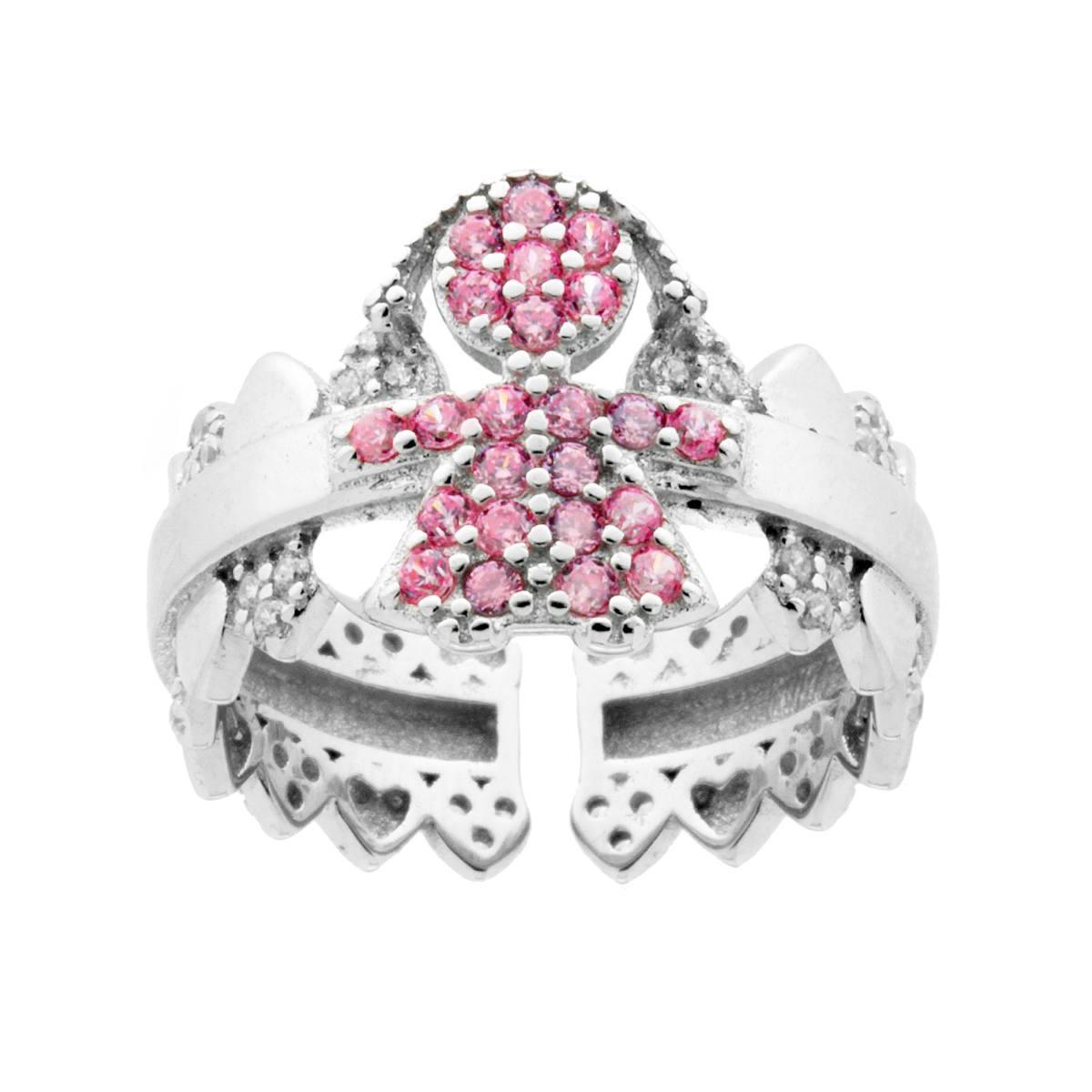 Anello Famiglia Fascia con Bimba Cubic Zirconia Rosa e Cuori Cubic Zirconia Bianchi in ARGENTO 925 Galvanica Rodio