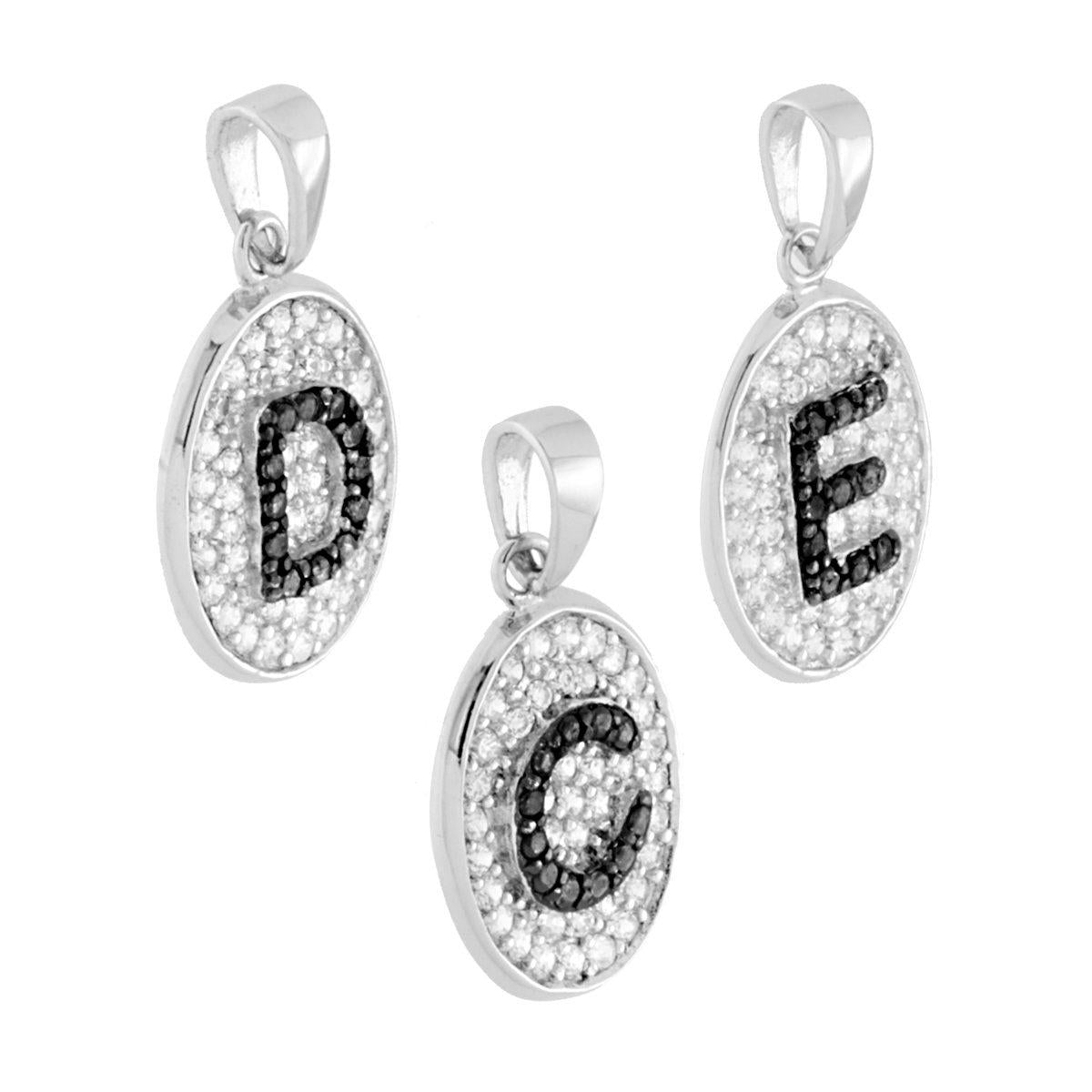Ciondolo Ovale Lettera Iniziale Nome 12 x 15 mm con Zirconi Bianchi e Neri in ARGENTO 925 Galvanica Rodio
