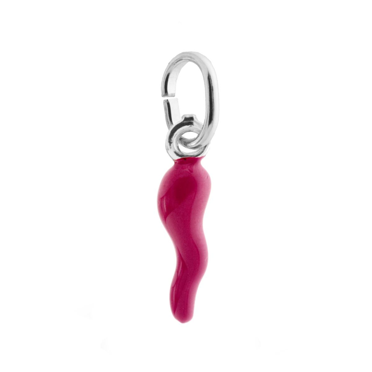 Ciondolo Portafortuna Corno Smaltato Fucsia Scuro in ARGENTO 925
