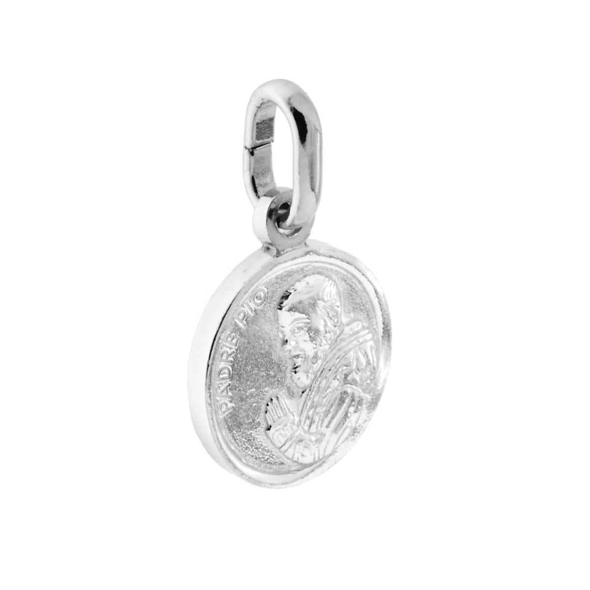 Ciondolo Medaglia Tonda con Padre Pio in ARGENTO 925 Galvanica Rodio