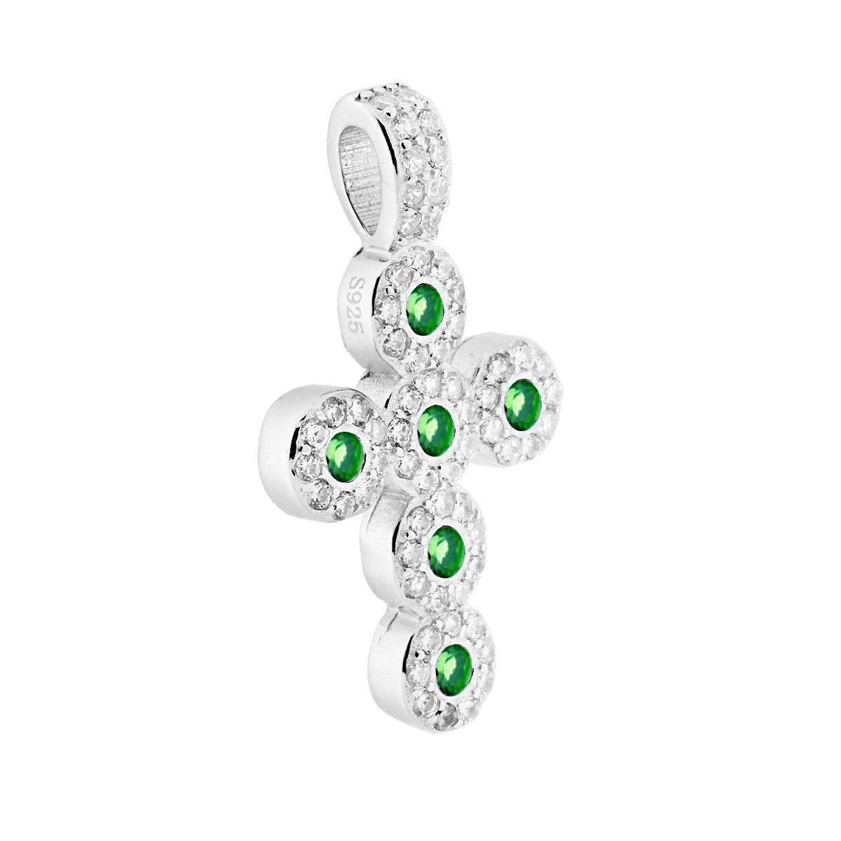 Ciondolo Croce Latina con Zirconi Verde Smeraldo e Zirconi Bianchi in ARGENTO 925 Galvanica Rodio