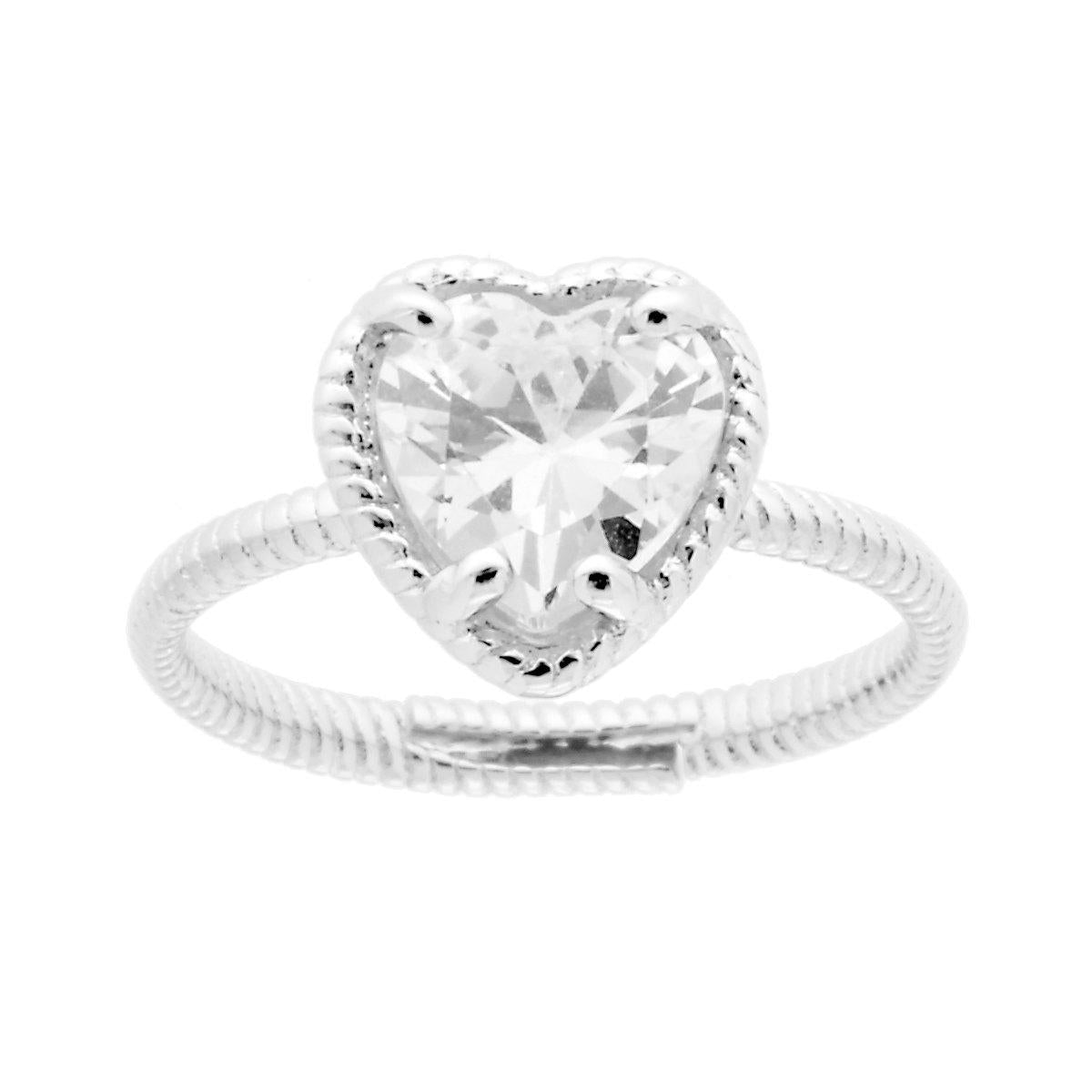 Anello Solitario con Cuore Cubic Zirconia Bianco in ARGENTO 925 Galvanica Rodio