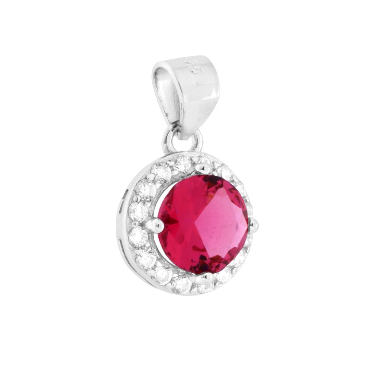 Ciondolo Tondo Rosso Rubino con Cubic Zirconia Bianchi in ARGENTO 925 Galvanica Rodio