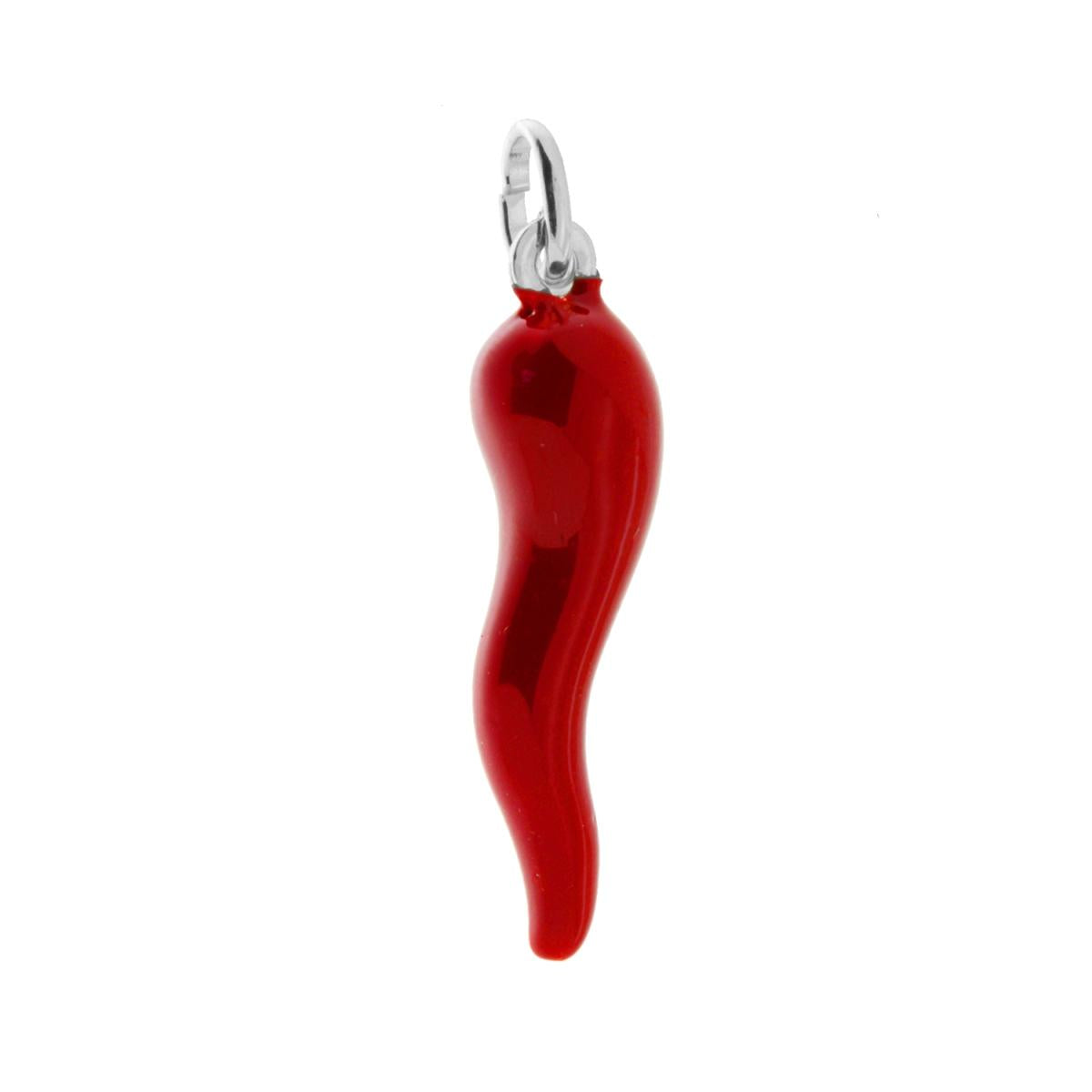 Ciondolo Portafortuna Corno mm 34 con Smalto Rosso in ARGENTO 925 Galvanica Rodio