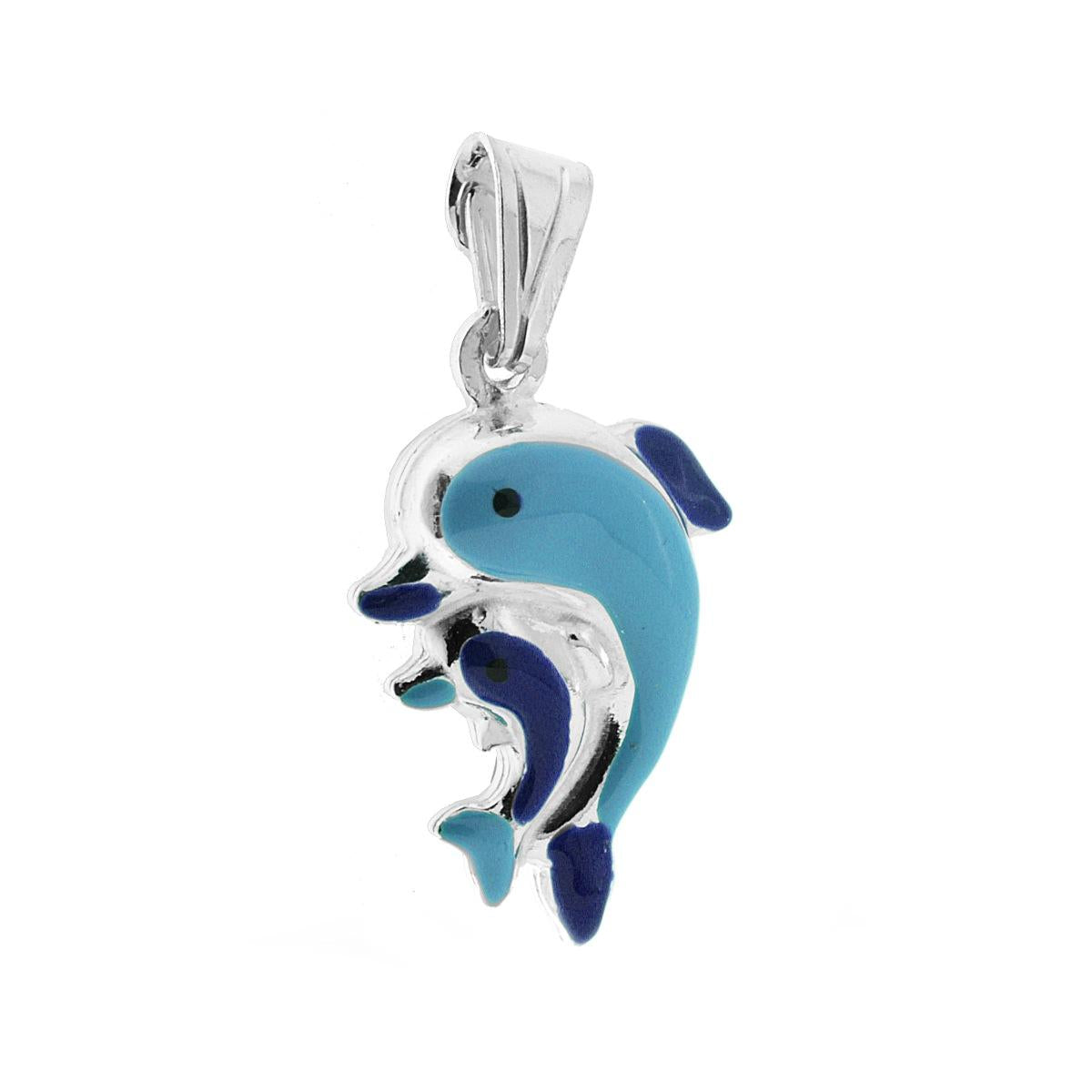 Ciondolo per Bimbo e Bimba con Delfini smaltato Azzurro in ARGENTO 925