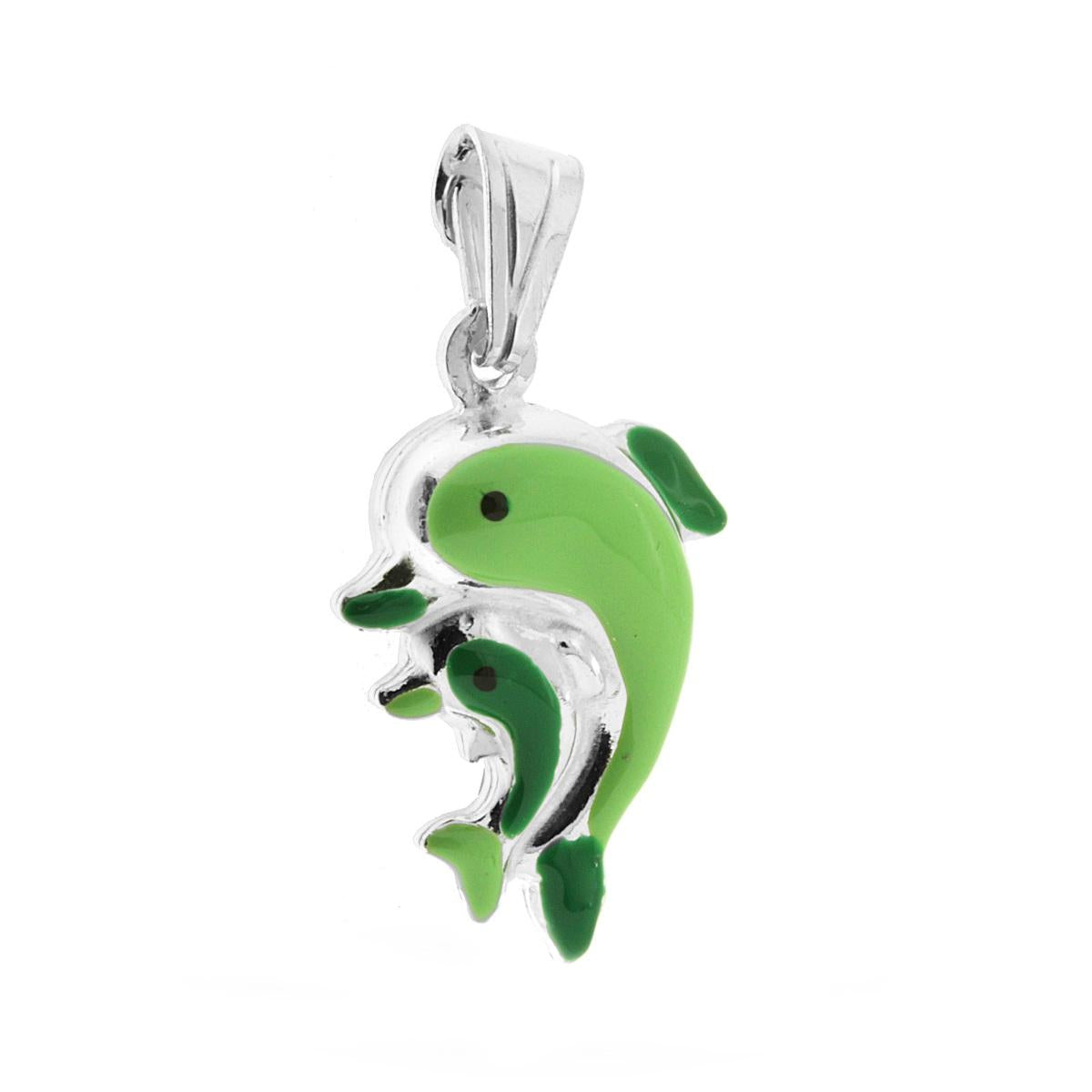 Ciondolo per Bimbo e Bimba con Delfini smaltato Verde in ARGENTO 925