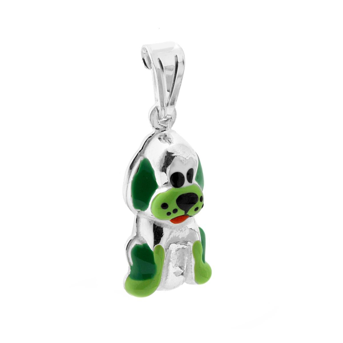 Ciondolo per Bimbo e Bimba con Cane smaltato Verde in ARGENTO 925