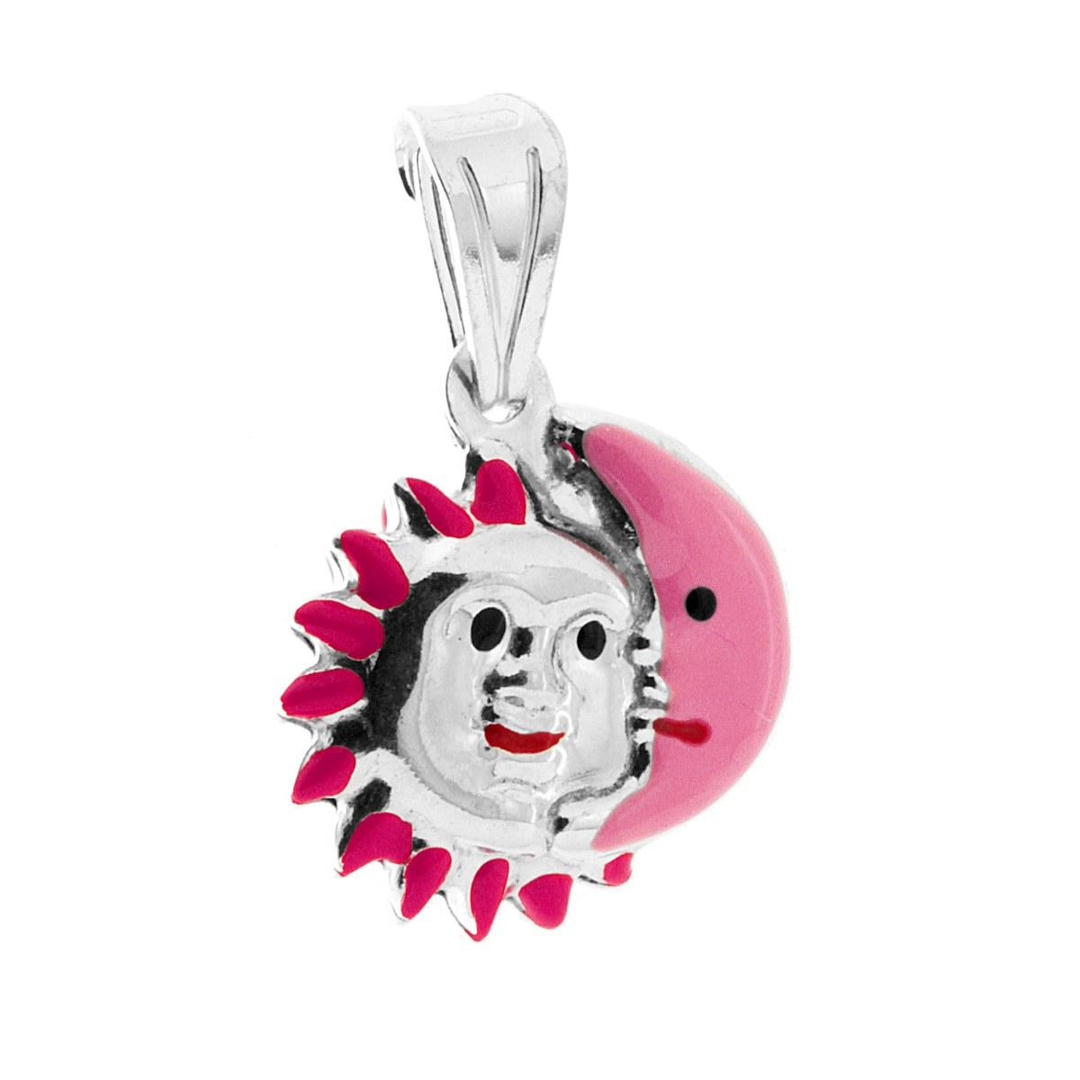 Ciondolo per Bimbo e Bimba con Sole e Luna smaltato Rosa in ARGENTO 925