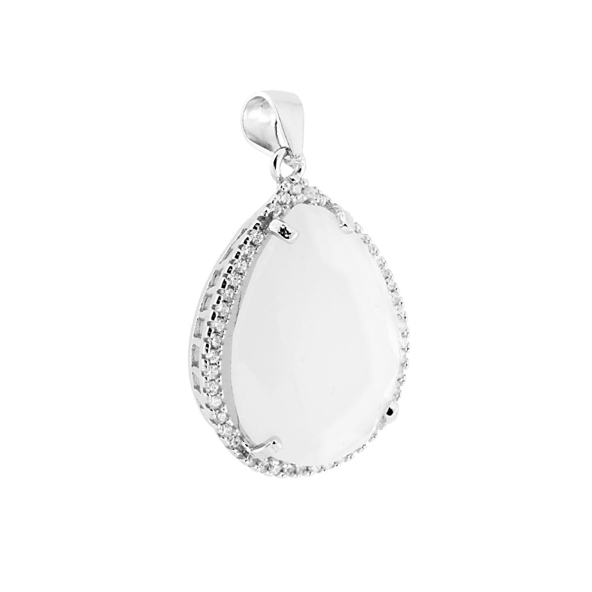 Ciondolo Goccia con Pietra Bianca sfaccettata contornata con Zirconi Bianchi in ARGENTO 925 Galvanica Rodio