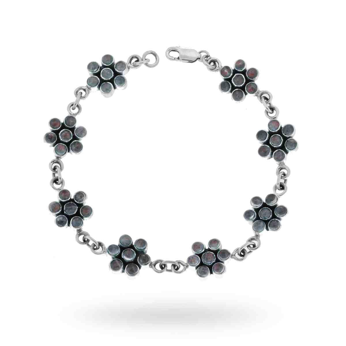 Bracciale Etnico Thailandese Fiori con Pietre Opale in ARGENTO 925