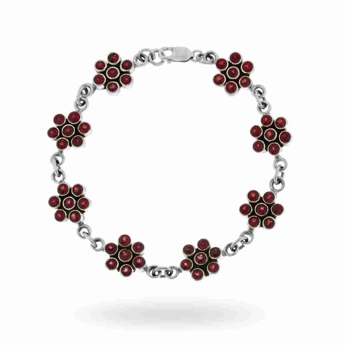 Bracciale Etnico Thailandese Fiori con Pietre Granato in ARGENTO 925