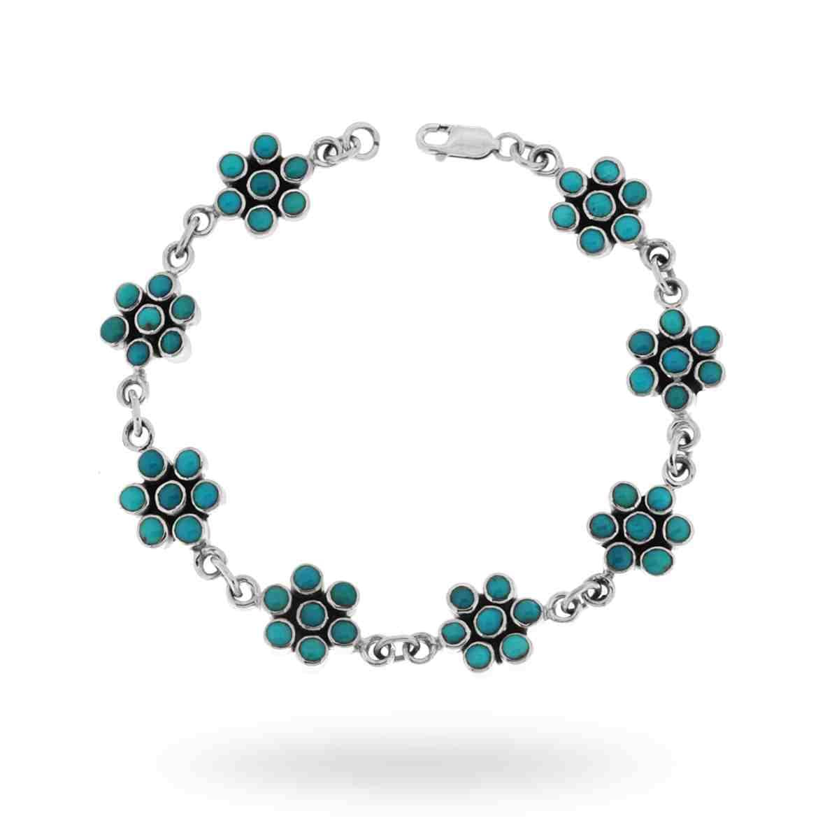 Bracciale Etnico Thailandese Fiori con Pietre Turchese in ARGENTO 925