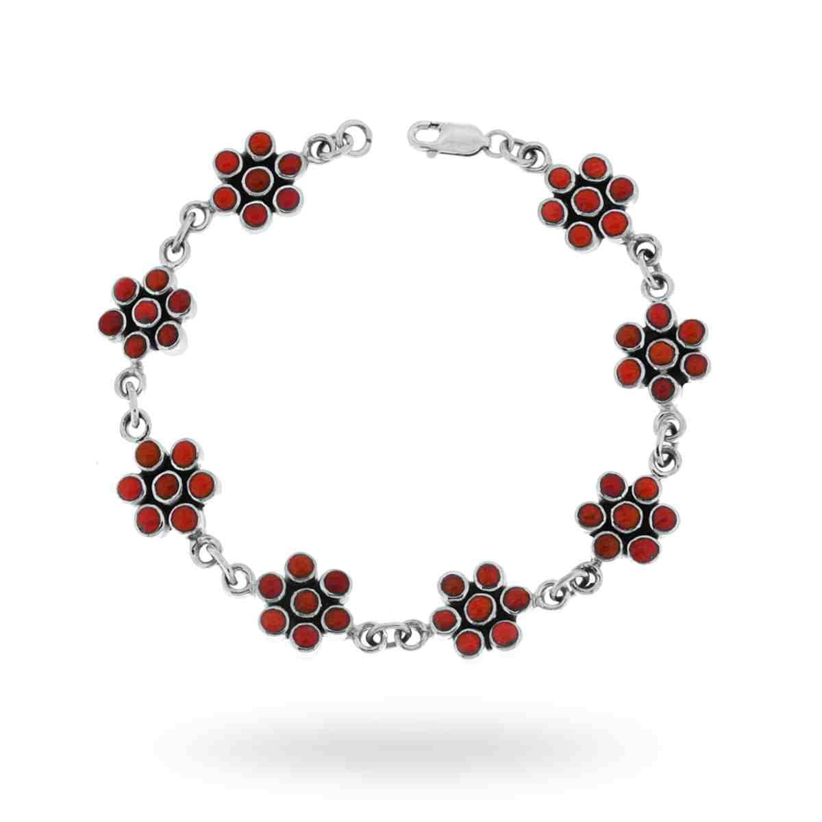 Bracciale Etnico Thailandese Fiori con Pietre Corallo in ARGENTO 925