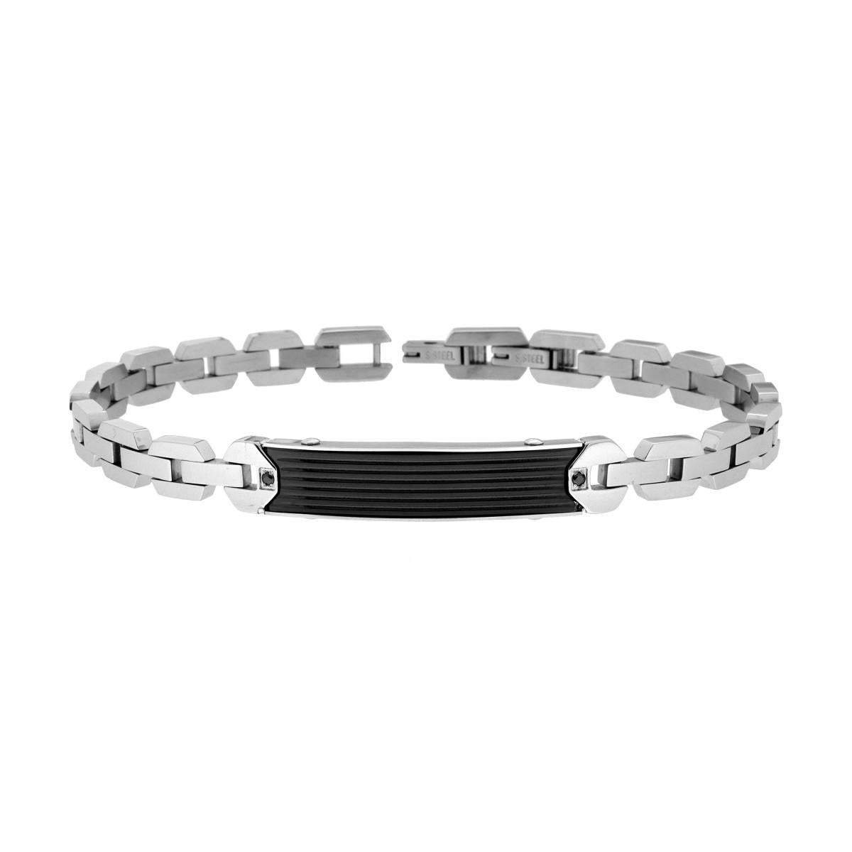 Bracciale Uomo Maglia Imperniata e Targa Nera con Crystal Neri in ACCIAIO