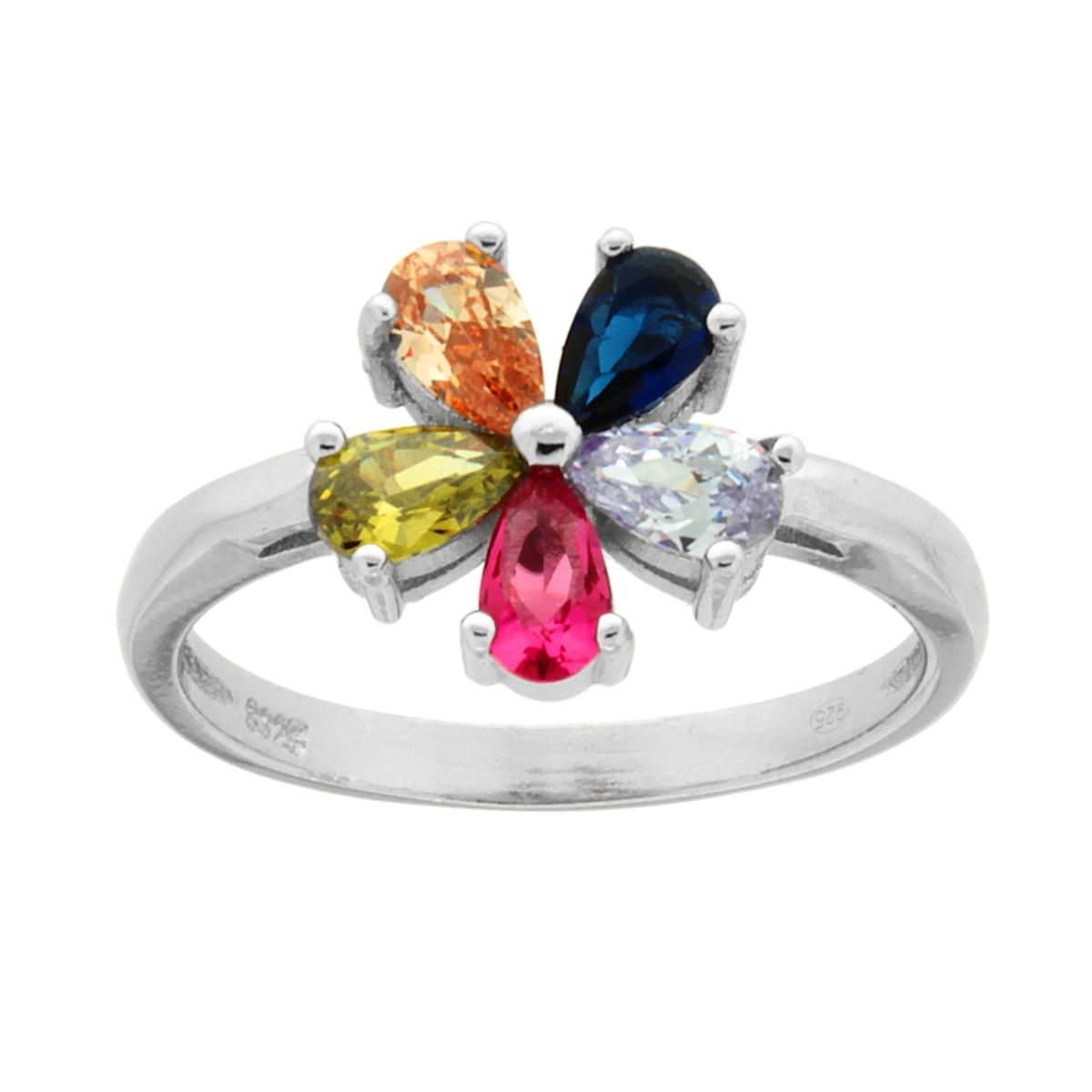 Anello Fiore con Cubic Zirconia Rainbow Multicolor in ARGENTO 925 Galvanica Rodio