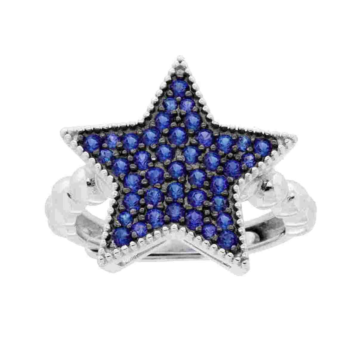 Anello Stella con Cubic Zirconia Blu Zaffiro con gambo pallinato in ARGENTO 925 Galvanica Rodio
