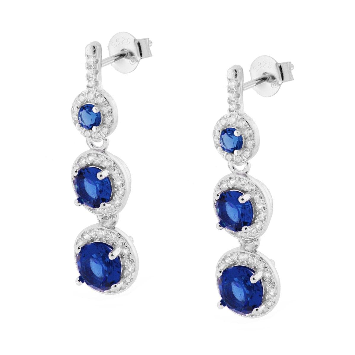 Orecchini Trilogy con Zirconi Blu Zaffiro contornati con Zirconi Bianchi in ARGENTO 925 Galvanica Rodio