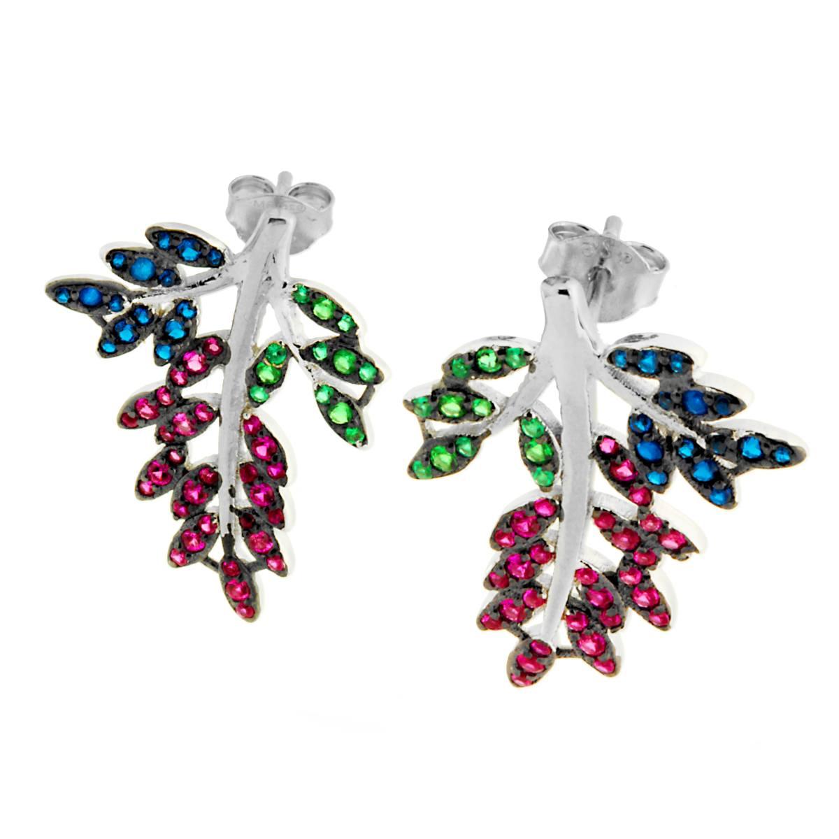 Orecchini Foglia con Zirconi Rosso Rubino Verde Smeraldo e Blu Zaffiro in ARGENTO 925 Galvanica Rodio
