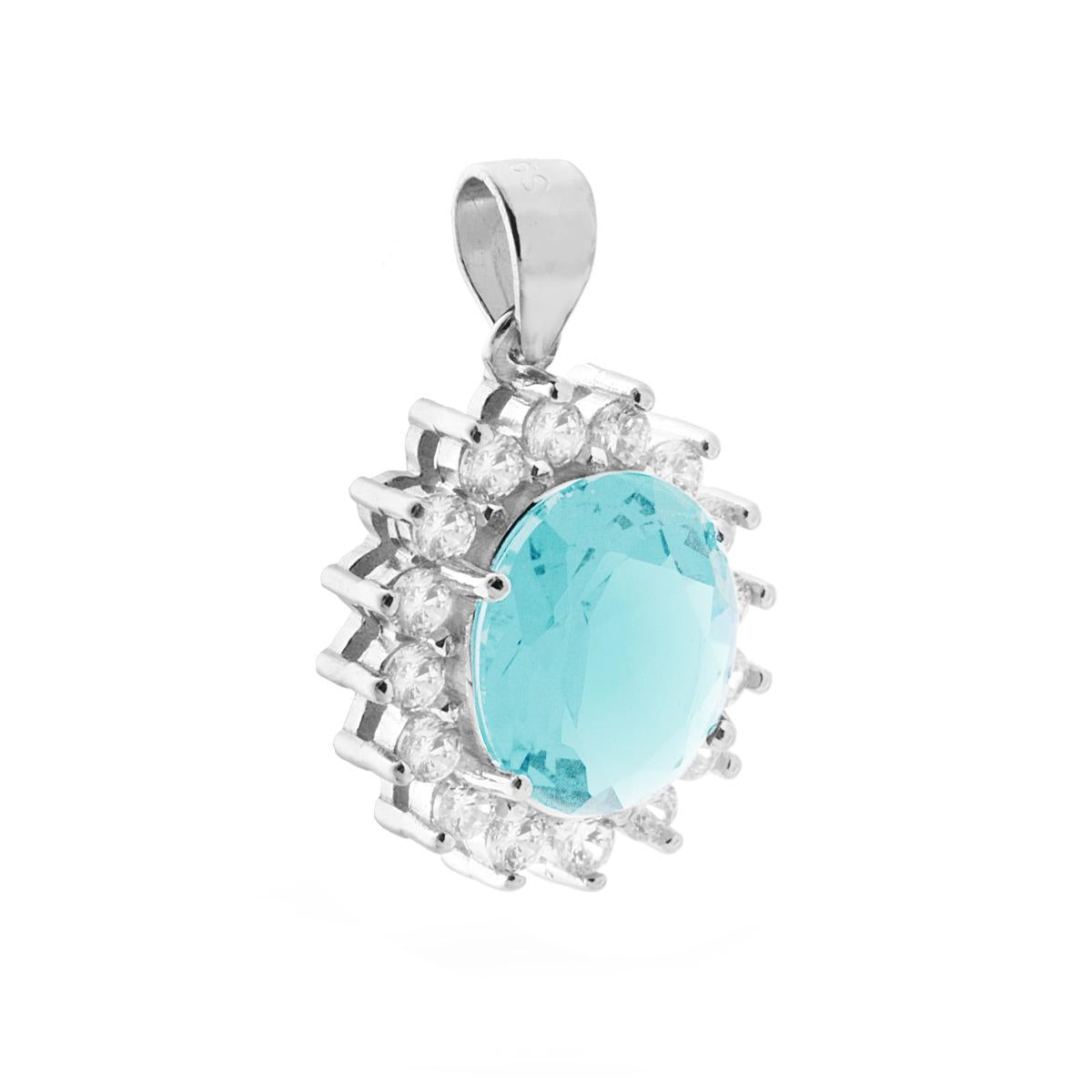 Ciondolo con Zircone Ovale Acquamarina contornato da Zirconi Bianchi in ARGENTO 925 Galvanica Rodio