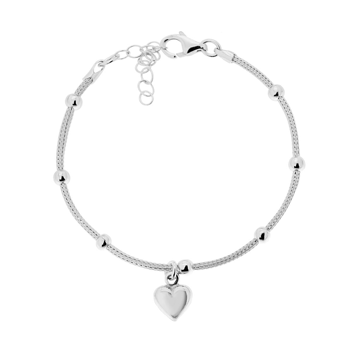 Bracciale Maglia Calza mm 1,8 con palline e Cuore pendente in ARGENTO 925 Galvanica Rodio