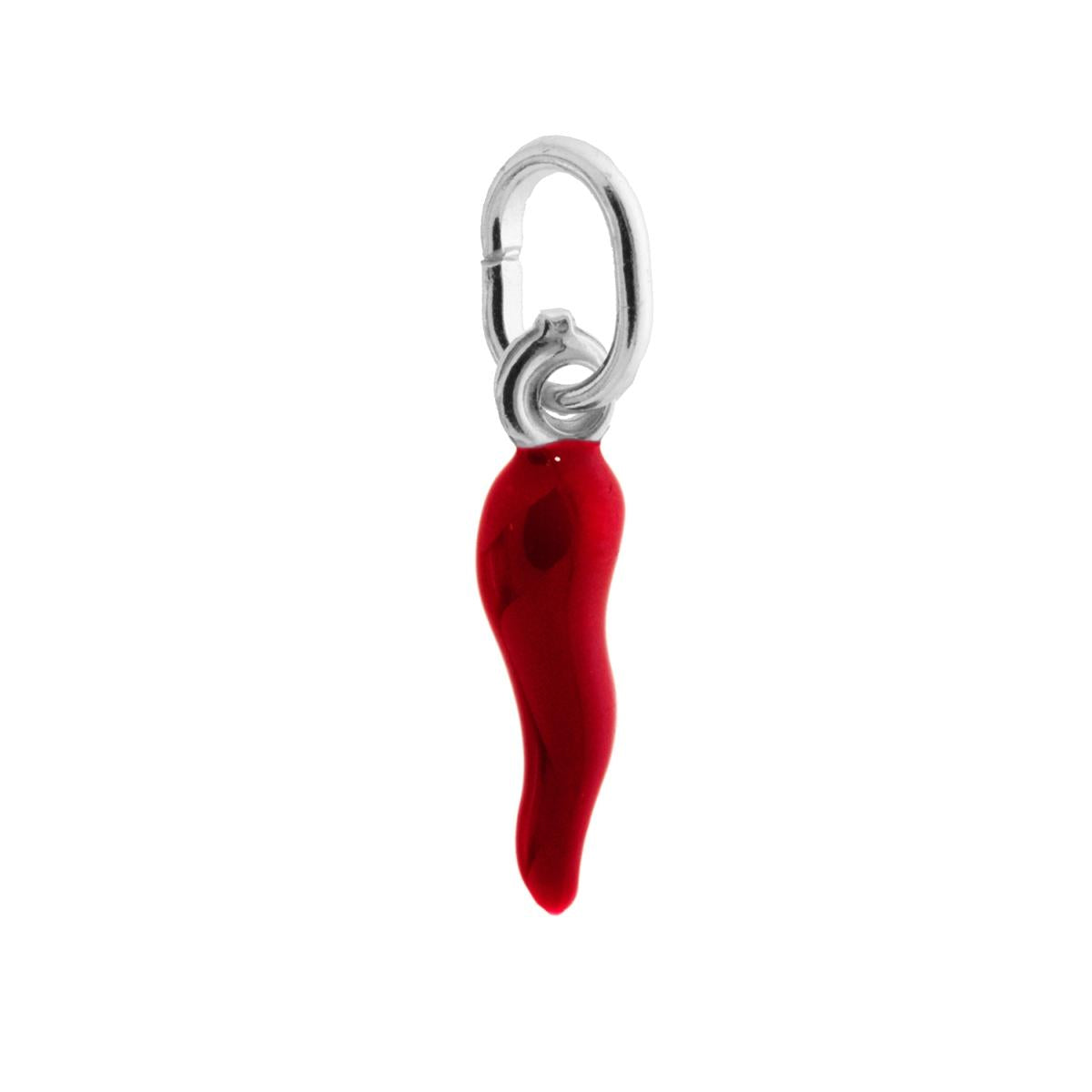 Ciondolo Portafortuna Corno mm 18 con Smalto Rosso in ARGENTO 925 Galvanica Rodio