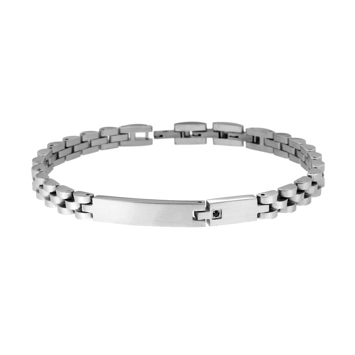 Bracciale Uomo Maglia Imperniata con Targa e Crystal Nero in ACCIAIO