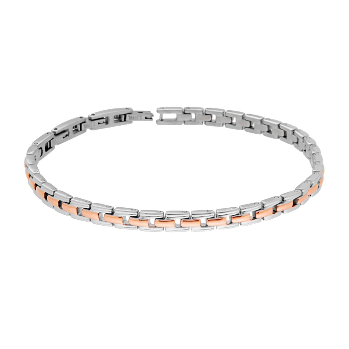 Bracciale Uomo Maglia Imperniata con Dettagli Galvanica Rosa in ACCIAIO