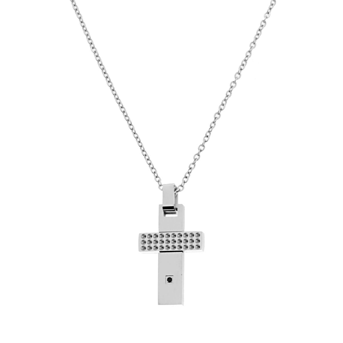 Collana Catena Forzatina con Croce con Crystal Nero in ACCIAIO