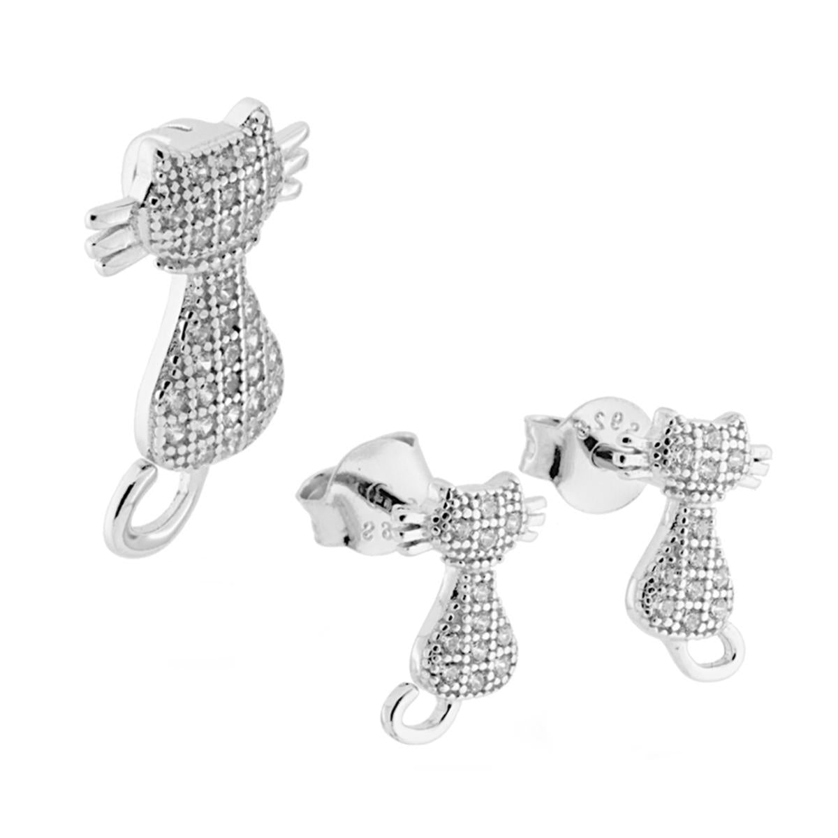 Parure Set Ciondolo e Orecchini Gatto con Zirconi Bianco in ARGENTO 925 Galvanica Rodio