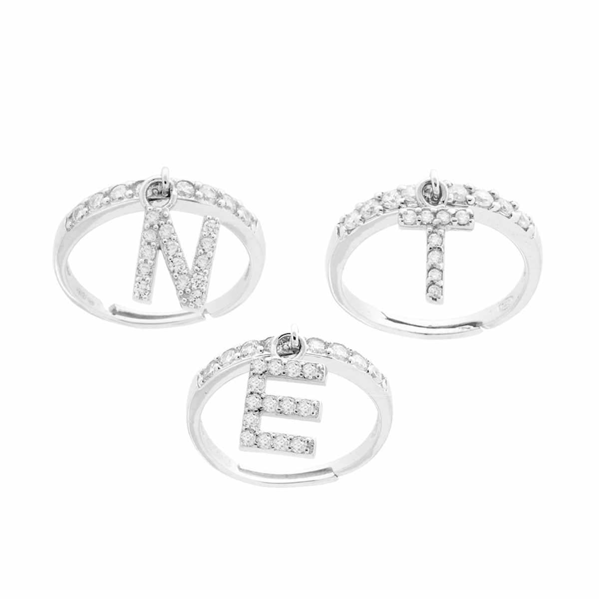 Anello Veretta con Lettera Iniziale pendente con Zirconi Bianchi in ARGENTO 925 Galvanica Rodio