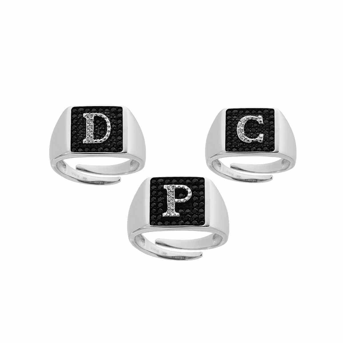 Anello Chevalier Quadrato con Lettera Iniziale con Zirconi Bianchi con fondo Zirconi Neri in ARGENTO 925 Galvanica Rodio