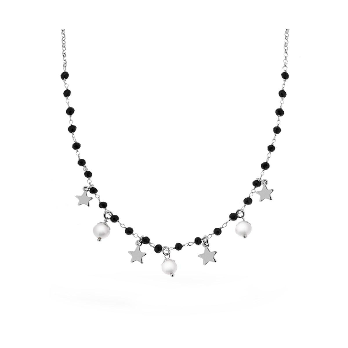Collana Catena Rolo e Crystal Nero con Perle e Stelle Plain pendenti in ARGENTO 925 Galvanica Rodio