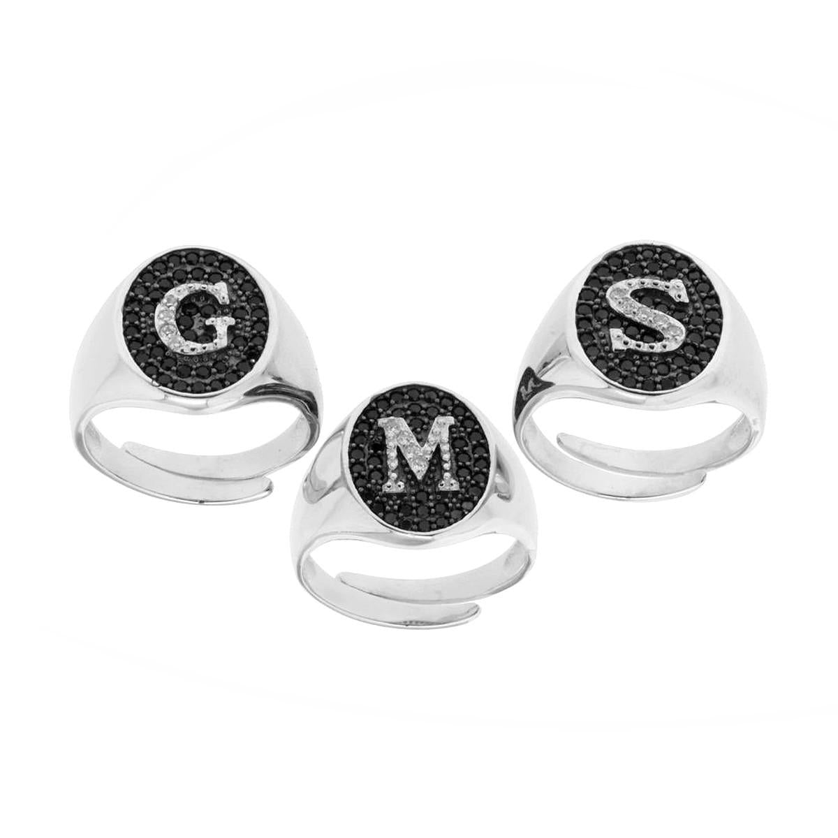 Anello Chevalier con Lettera Iniziale con Zirconi Bianchi con fondo Zirconi Neri in ARGENTO 925 Galvanica Rodio