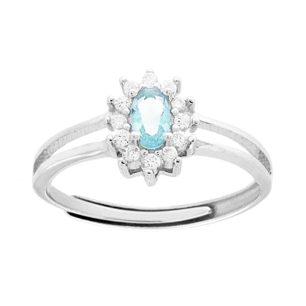 Anello Solitario con Zircone ovale Acquamarina contornato con Zirconi Bianchi in ARGENTO 925 Galvanica Rodio