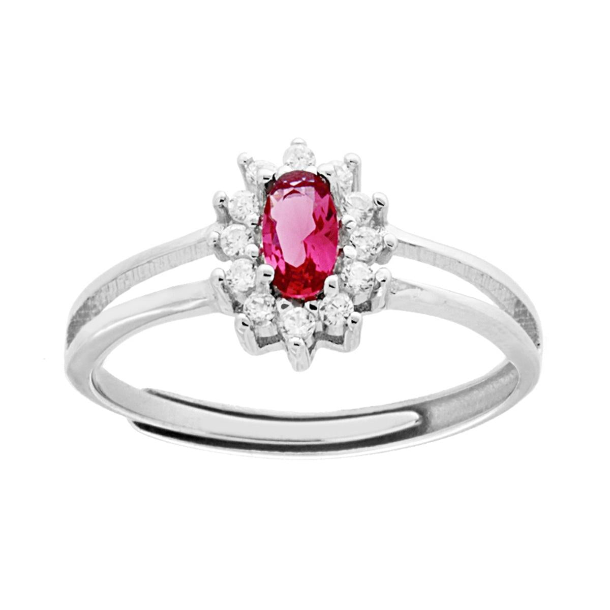 Anello Solitario con Zircone Ovale Rosso Rubino contornato con Zirconi Bianchi in ARGENTO 925 Galvanica Rodio