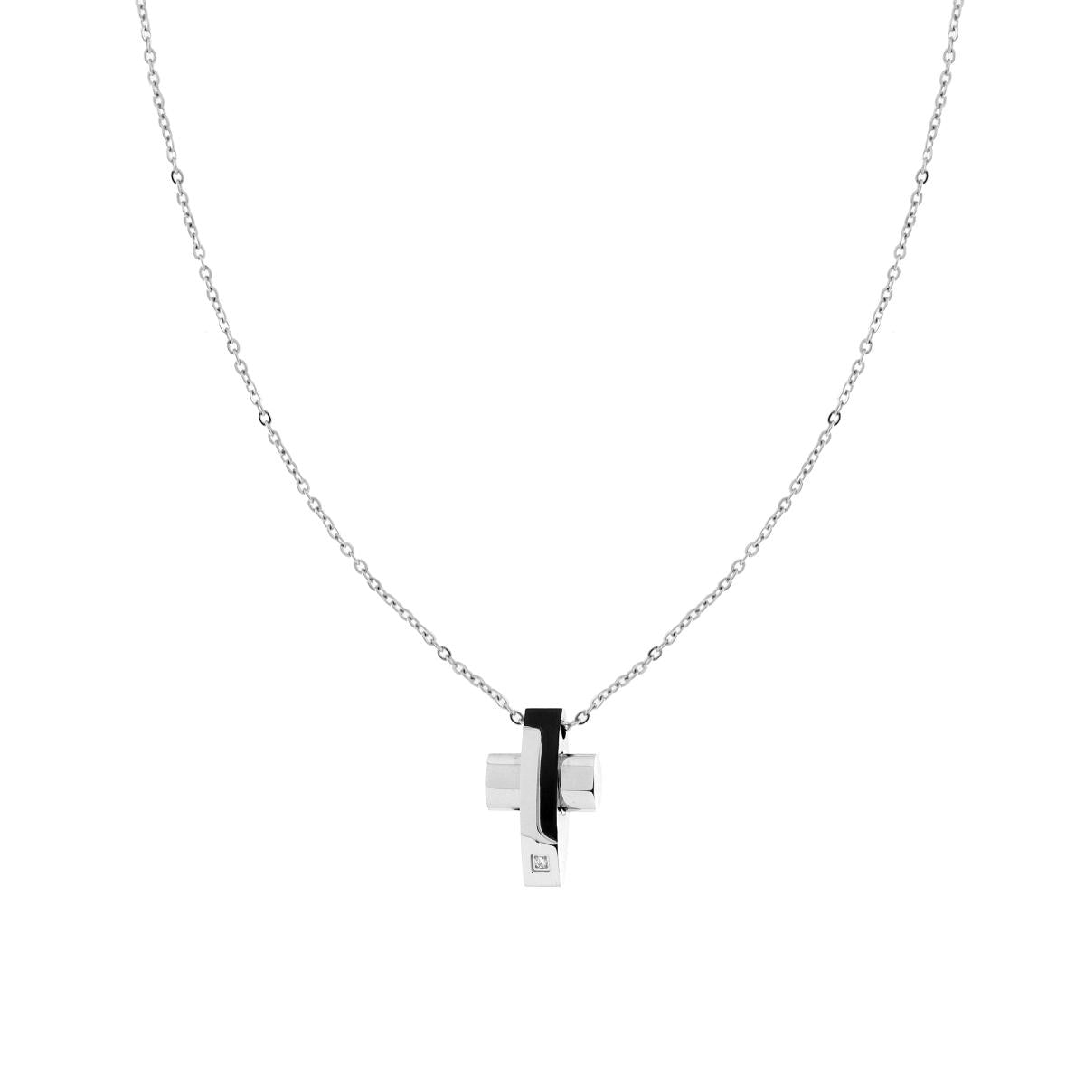 Collana Catena Forzatina Diamantata con Croce con dettaglio Nero con Crystal Bianco in ACCIAIO