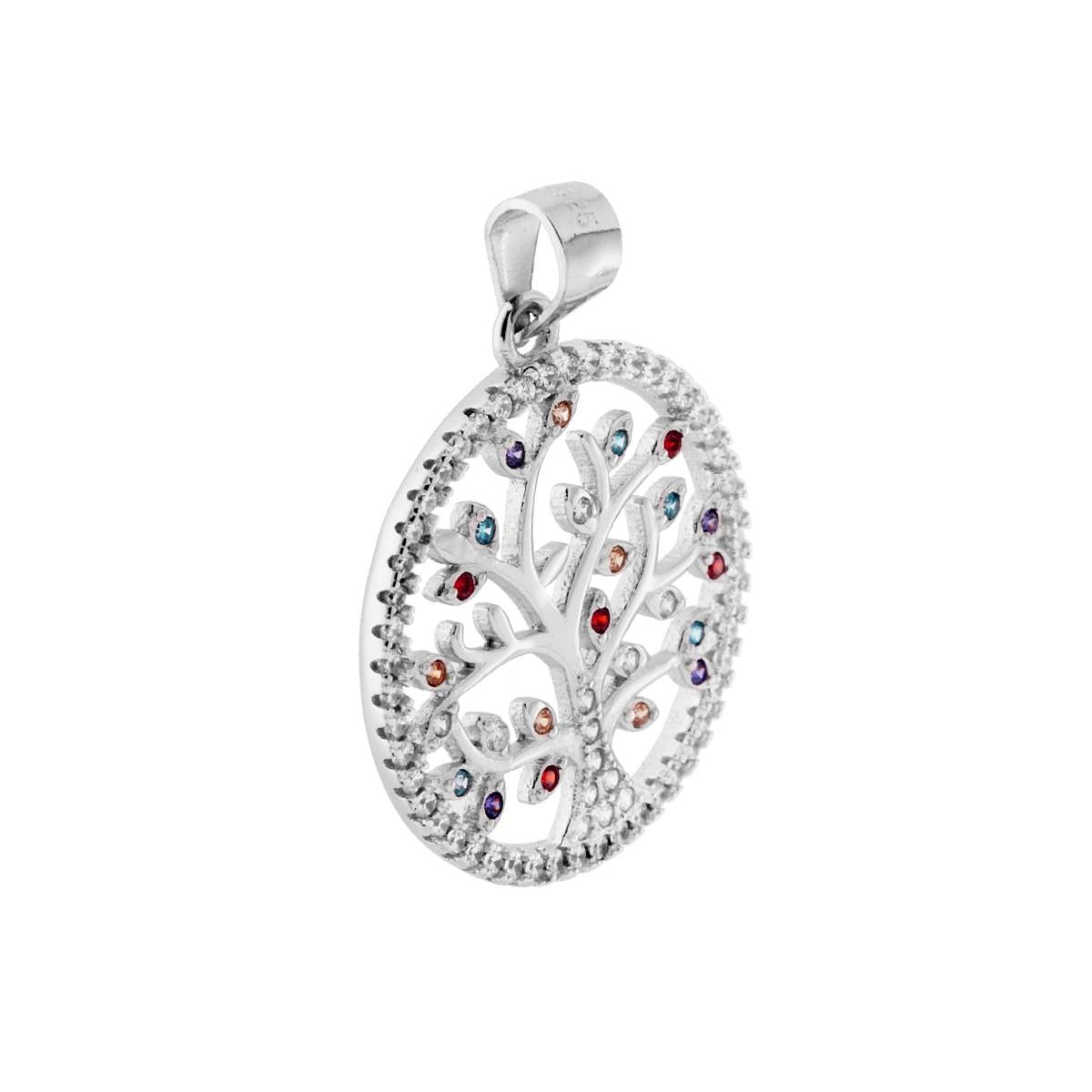 Ciondolo Albero della Vita con Cubic Zirconia Bianchi e Multicolor in ARGENTO 925 Galvanica Rodio<BR><BR>