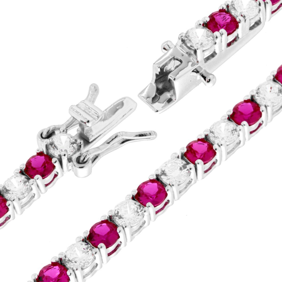 Bracciale Tennis Griffe cm 18 con Zirconi mm 3 Bianchi e Rosso Rubino alternati in ARGENTO 925 Galvanica Rodio