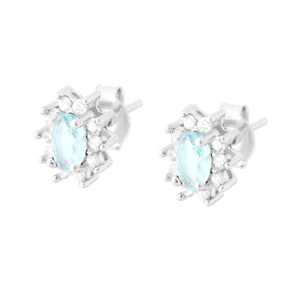 Orecchini con Zircone Ovale Acquamarina contornato con Zirconi Bianchi in ARGENTO 925 Galvanica Rodio
