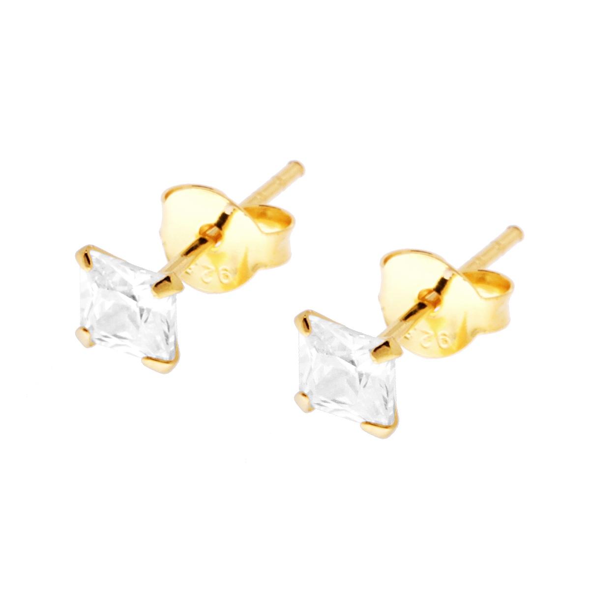 Orecchini Punto Luce Quadrato con Zircone Bianco mm 4 in ARGENTO 925 Galvanica Oro