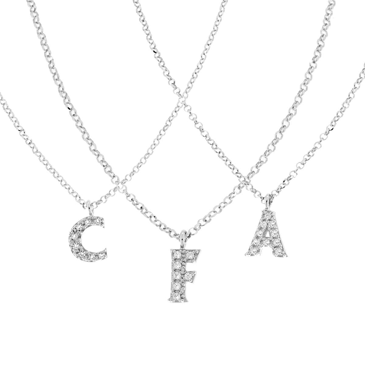 Collana Catena Rolo Diamantata con Ciondolo Lettera e nome Iniziale con Zirconi Bianchi in ARGENTO 925 Galvanica Rodio