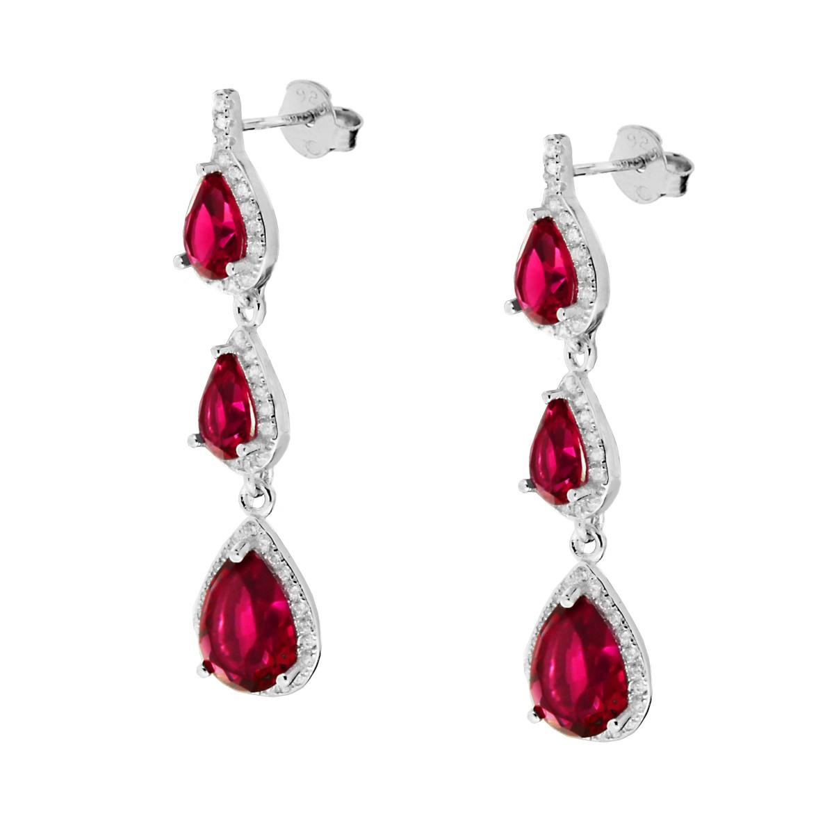 Orecchini Pendenti a Goccia con Zirconi Rosso Rubino contornati con Zirconi Bianchi in ARGENTO 925 Galvanica Rodio