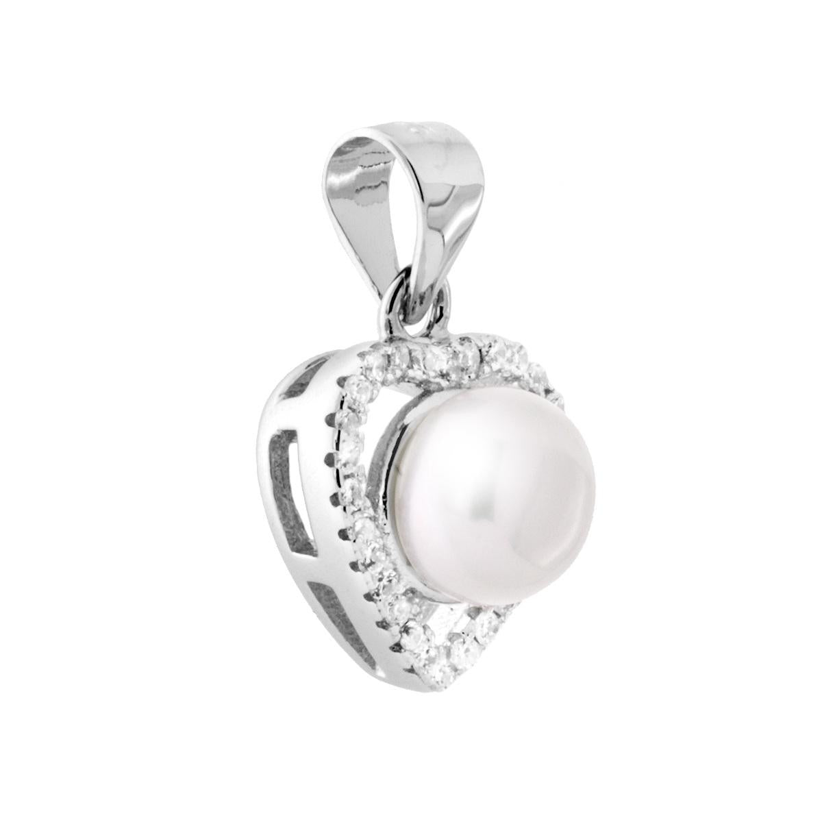 Ciondolo Cuore con Perla di fiume e Zirconi Bianchi in ARGENTO 925 Galvanica Rodio